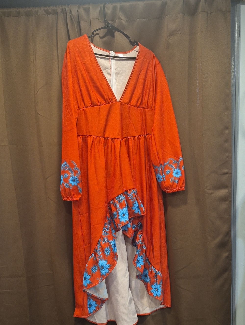 Women’s High-Low Orange Floral V-Neck Dress